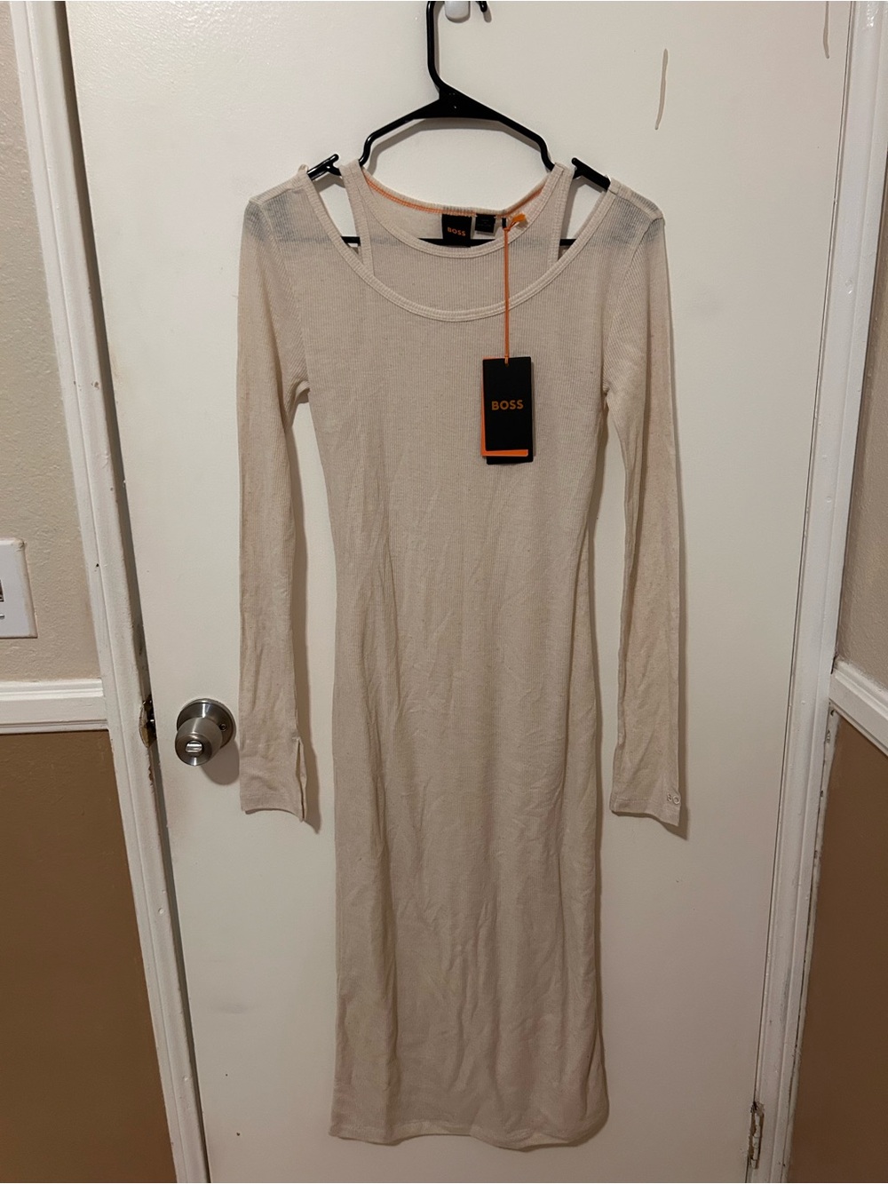 BOSS Long Sleeve Knit Dress in Cream